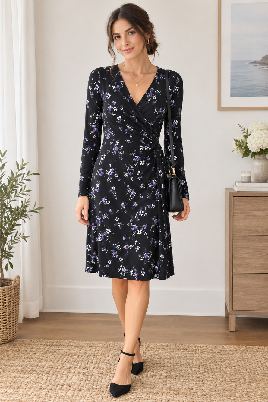 Lauren Ralph Lauren Women’s Black Floral Ruched Long Sleeve Split Dress, Size 6P